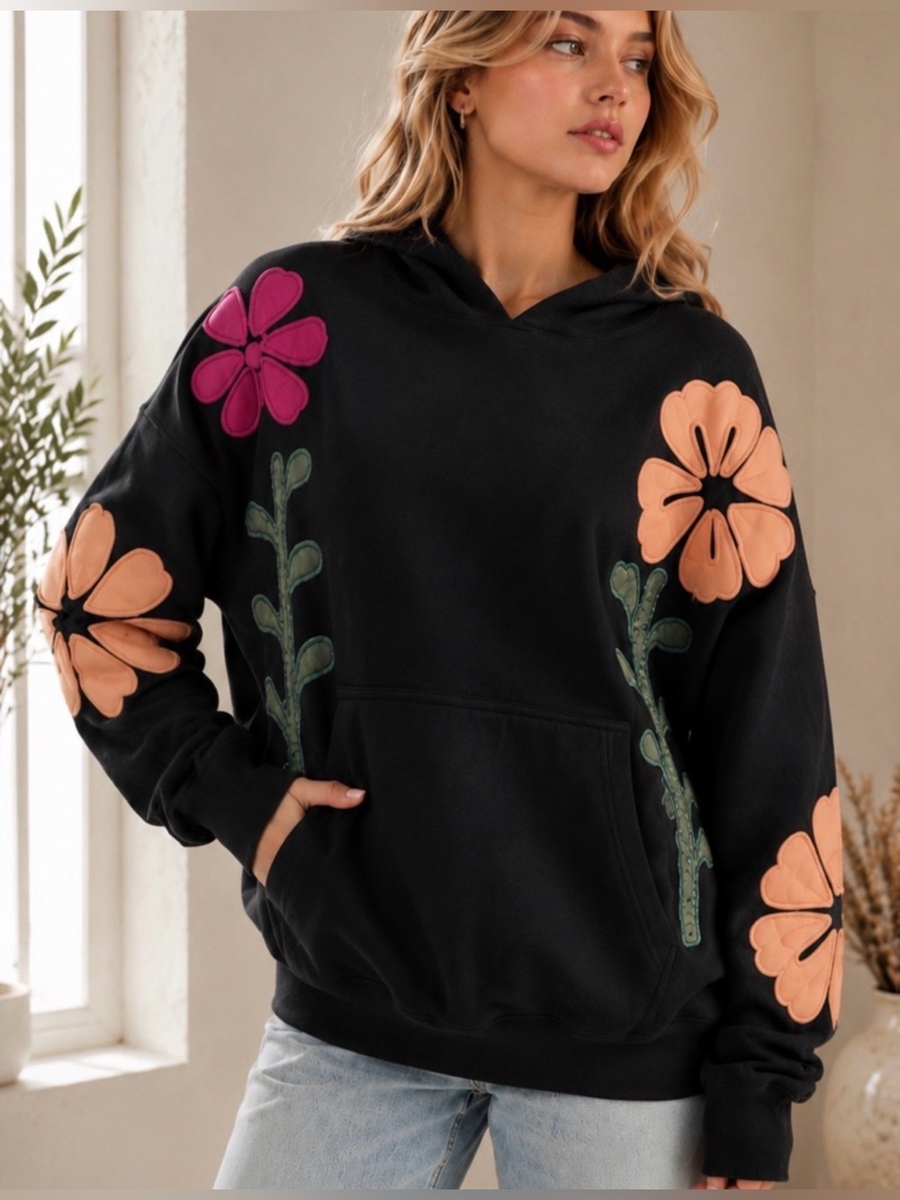Black Floral Patchwork Hoodie Sweatshirt - Viral - Oversized Size M NWT